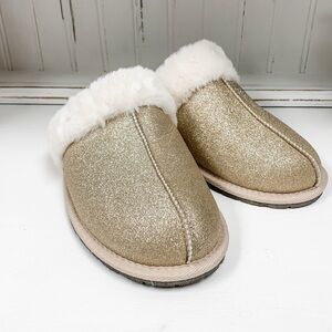 NWT Deidre Champagne Glitter Slippers | Faux Fur Lined Cozy Mule Slides Size 7